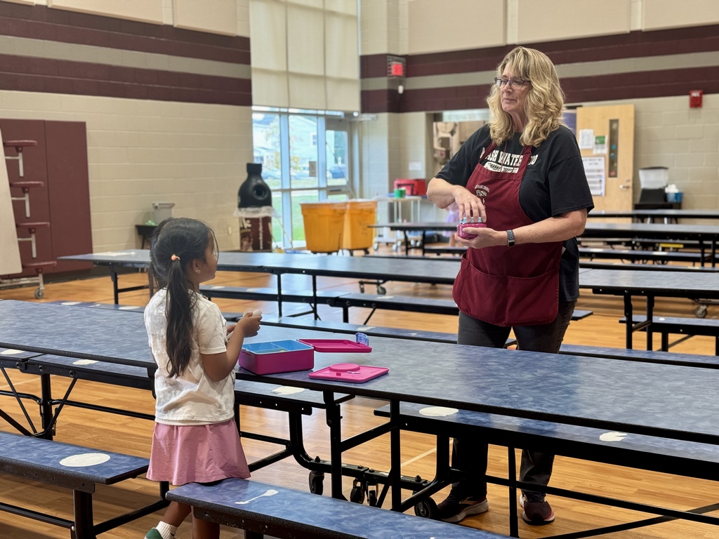 A kind cafeteria lady helping a young student with her lunch.