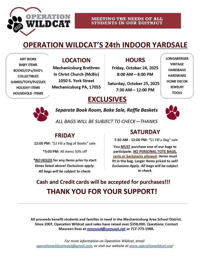 Flyer advertising a fundraiser yard sale on Oct 24 and 25, 2025.