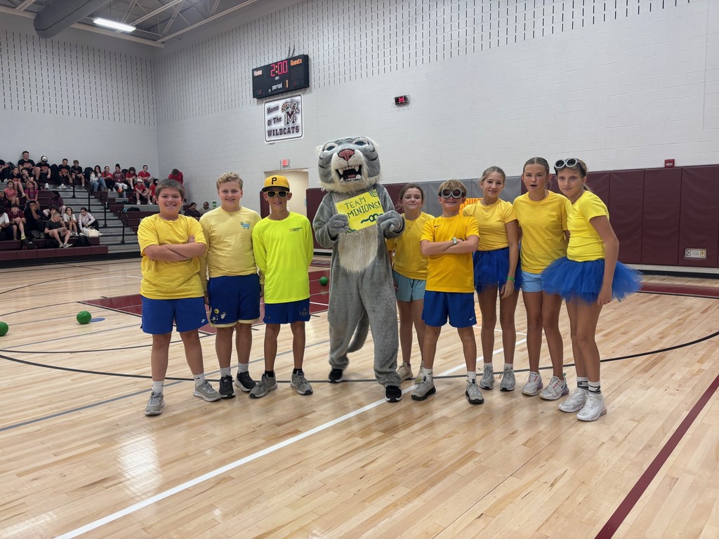 A group of students dressed as Minions standing with a wildcat mascot.