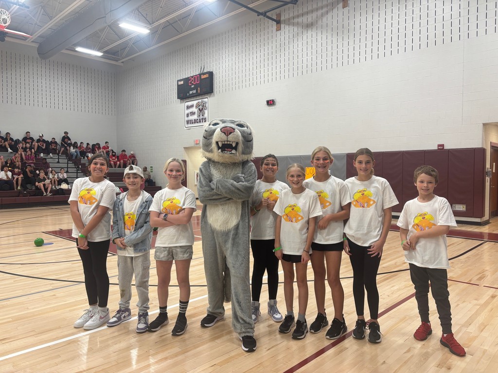 A group of students standing in the middle of a gym with a Wildcat mascot.
