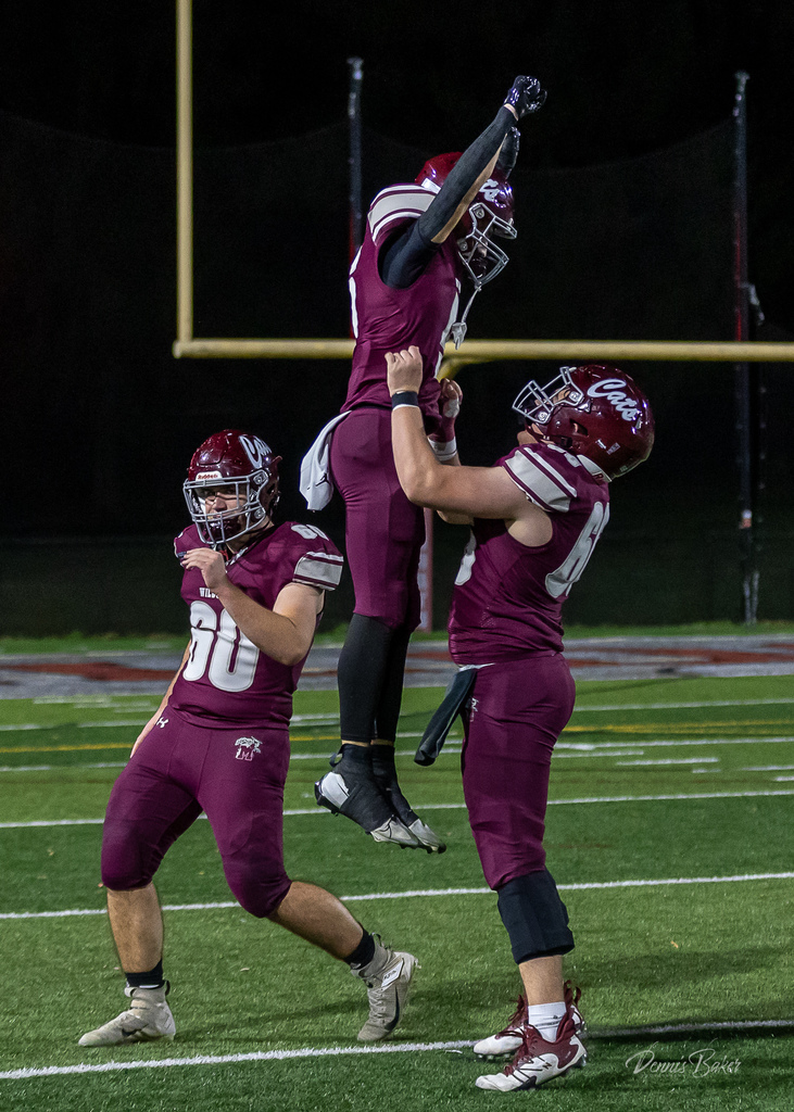 Football players on the field celebrating a win