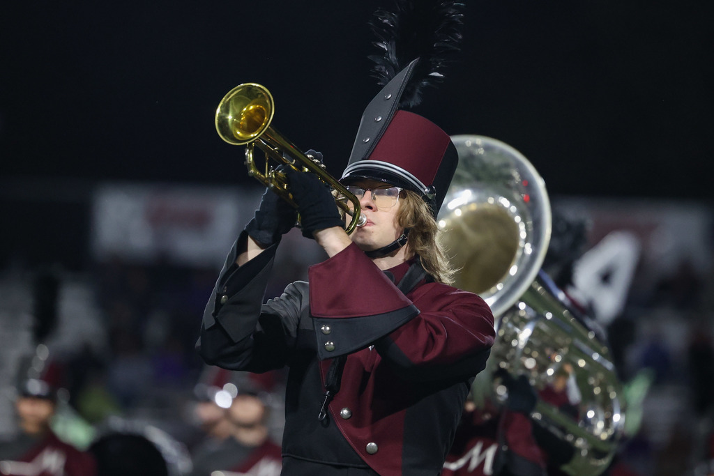 Marching band during on field performance.