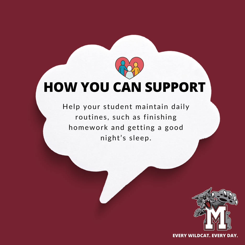 A maroon graphic with a white speech bubble that provides ways a family can support students with school attendance.