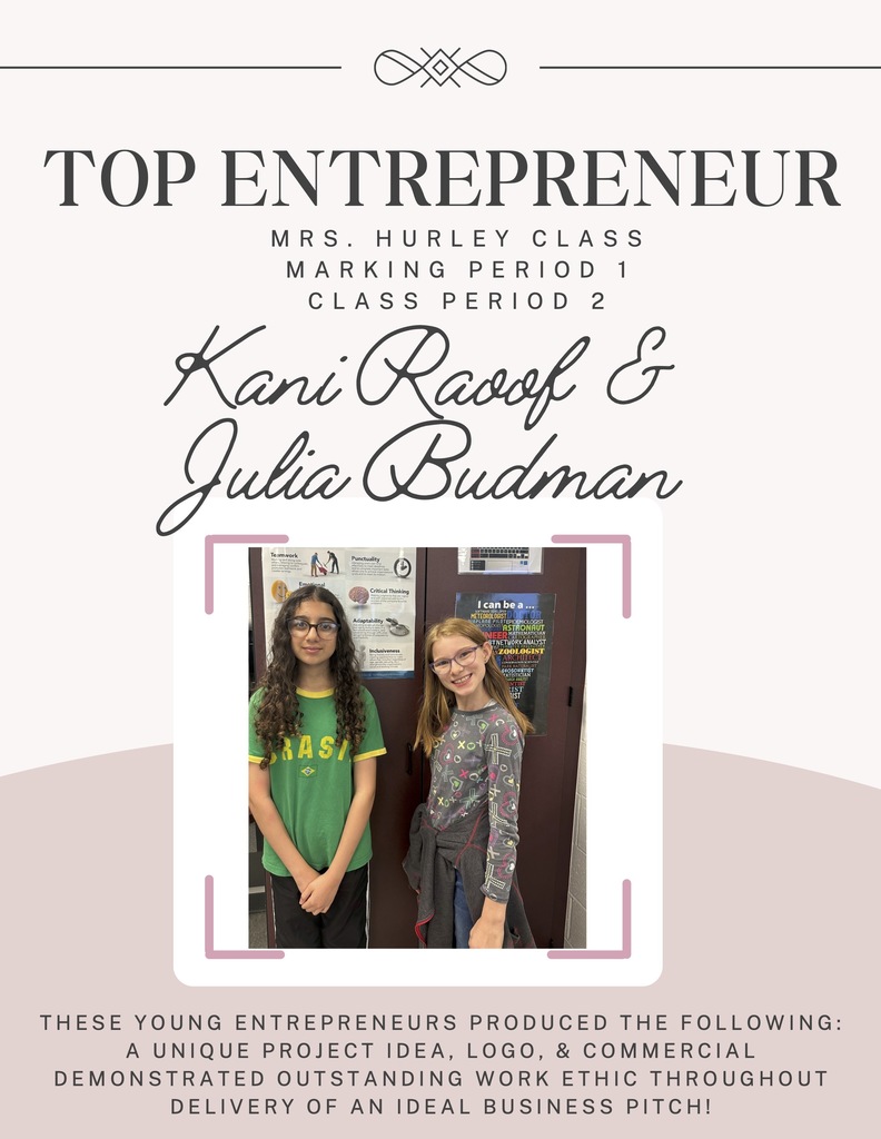 A graphic announcing two students as Top Entrepreneurs in a BCIT class.