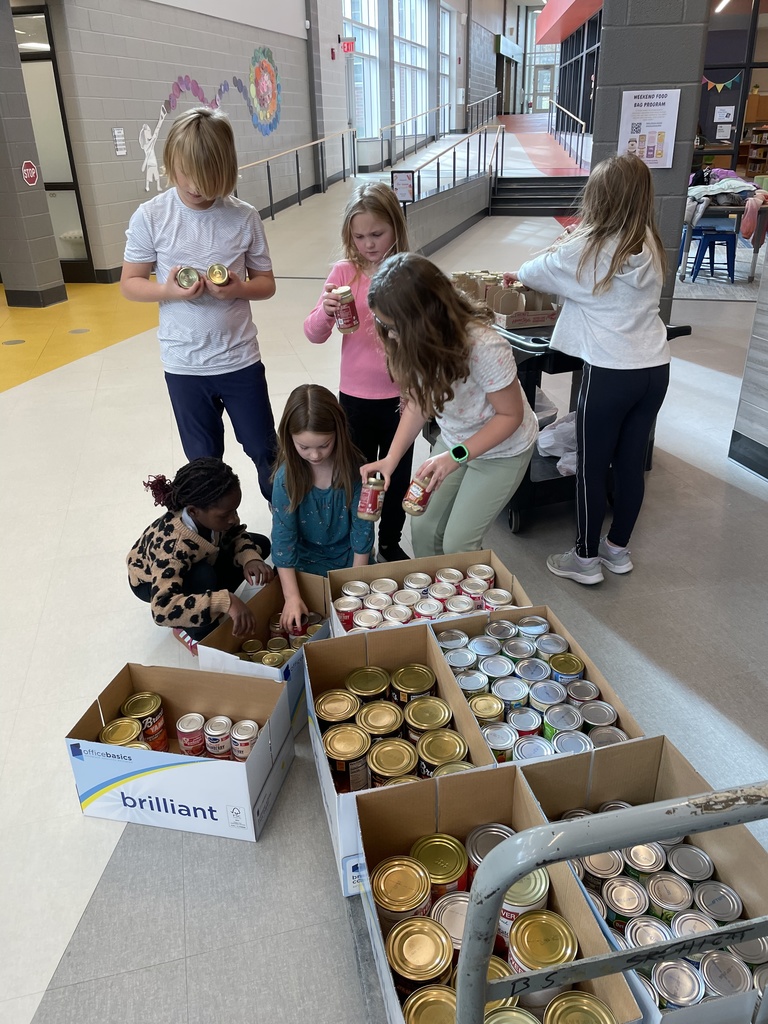 Students sorting food that was collected for a food drive.