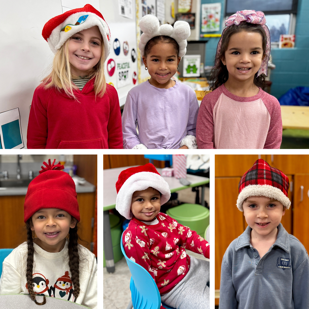Collage of young students in winter hats.