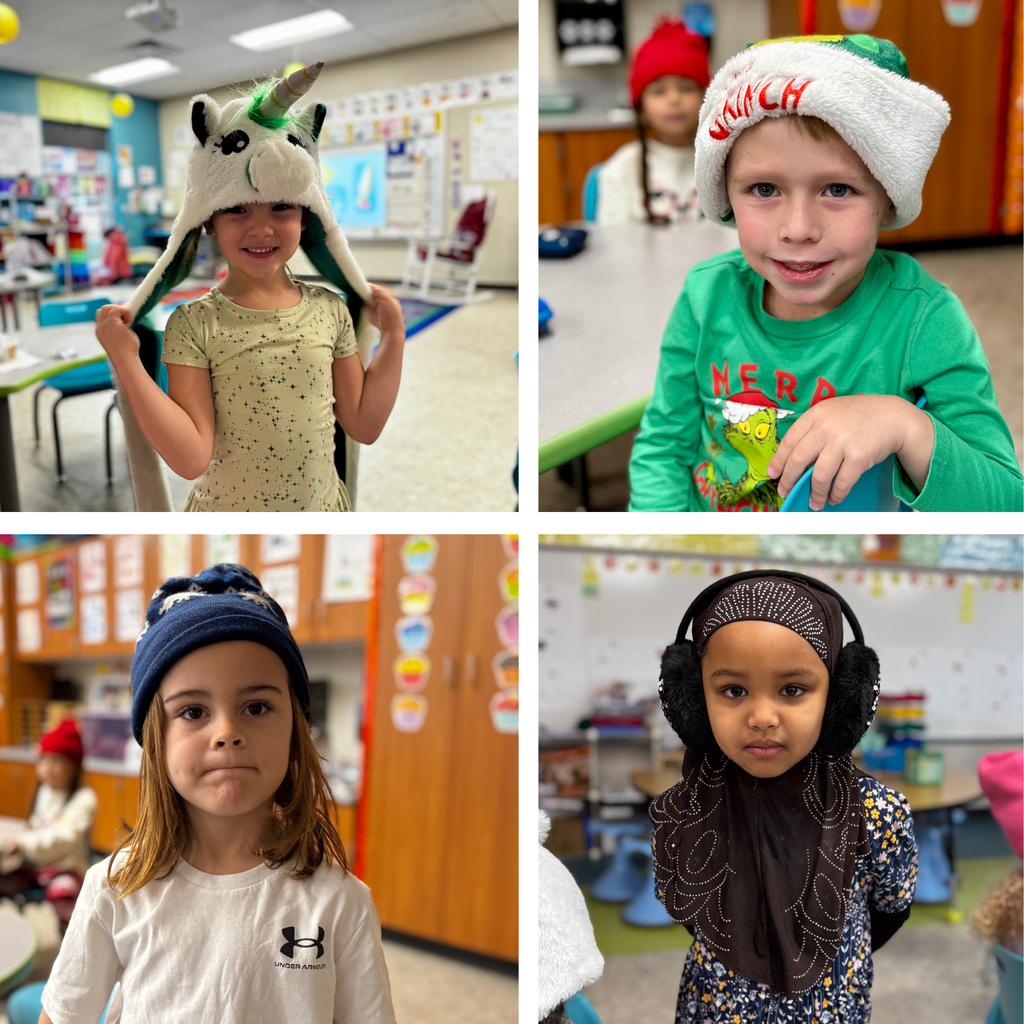 Collage of young students in winter hats.