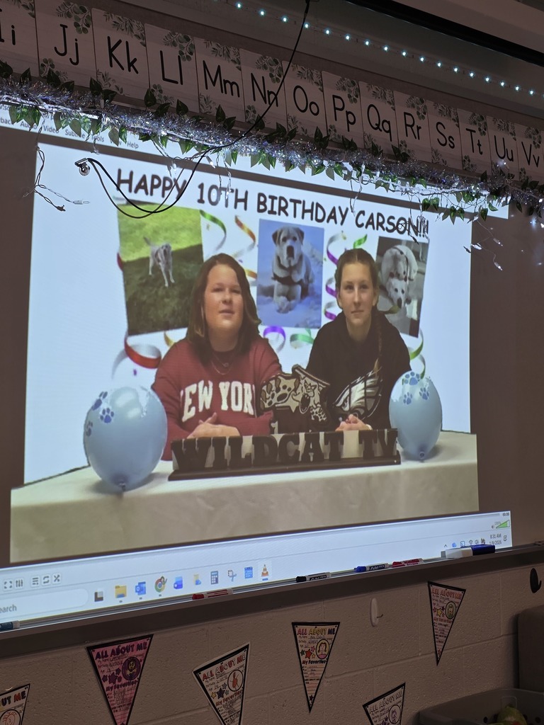 Two teachers on a screen with a Happy Birthday backdrop.