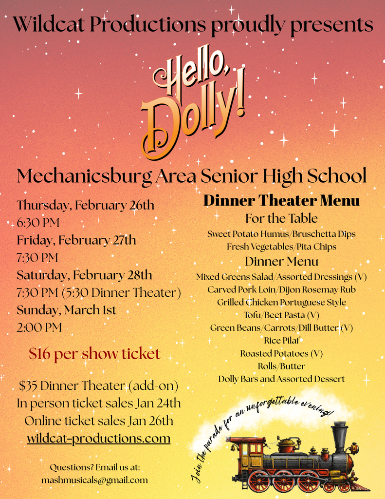 Hello Dolly graphic to advertise shows from February 26 through March 1, 2026.