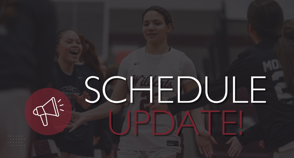 Graphic that says Schedule Update and includes a background photo of girls basketball players.