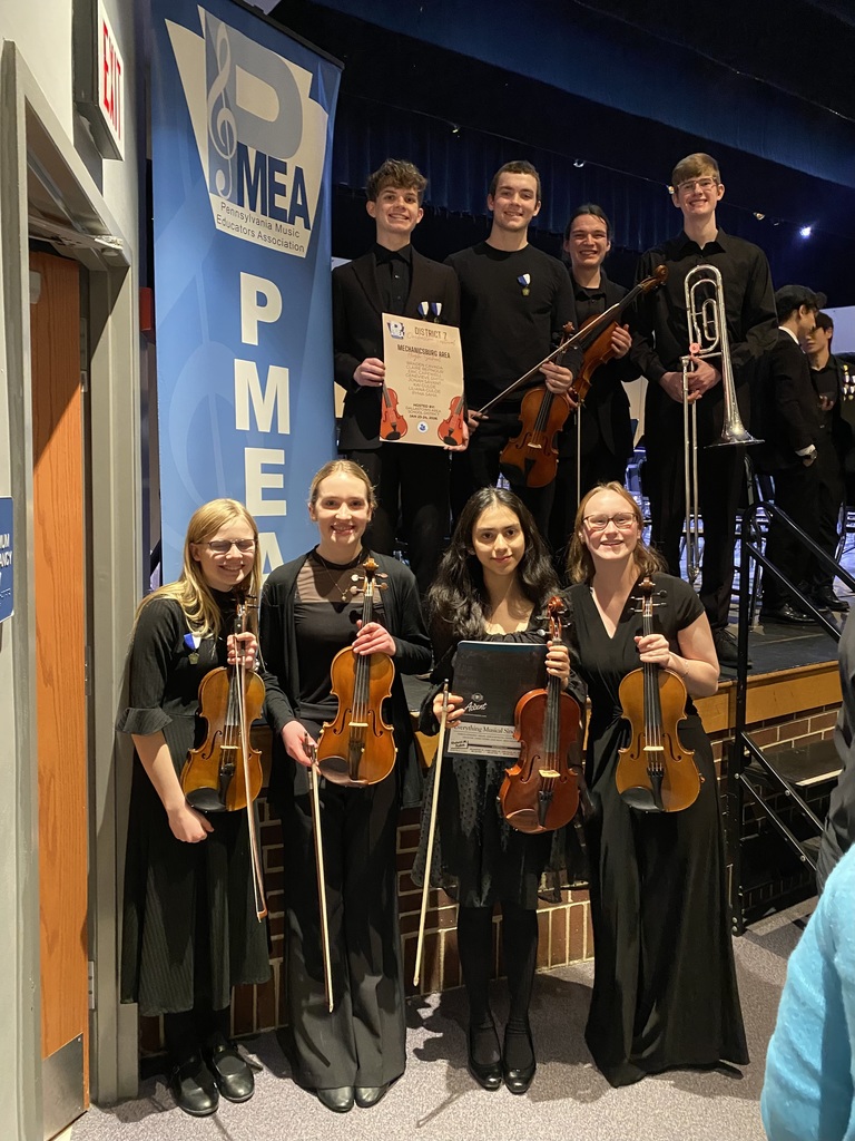 A group of orchestra students posing for a photo off stage.
