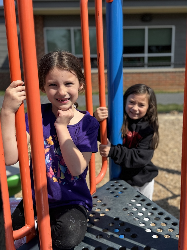 Two young girls on a jungle gym during school recess.