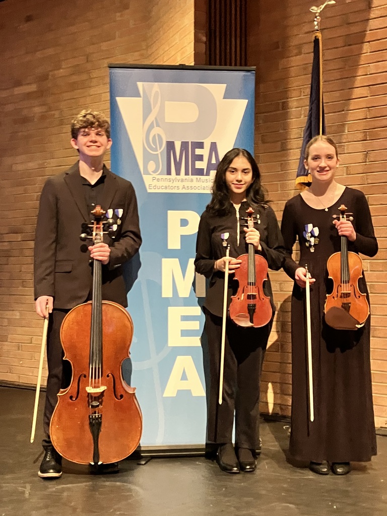 Three student musicians standing in front of a PMEA sign and holding their string ornaments.