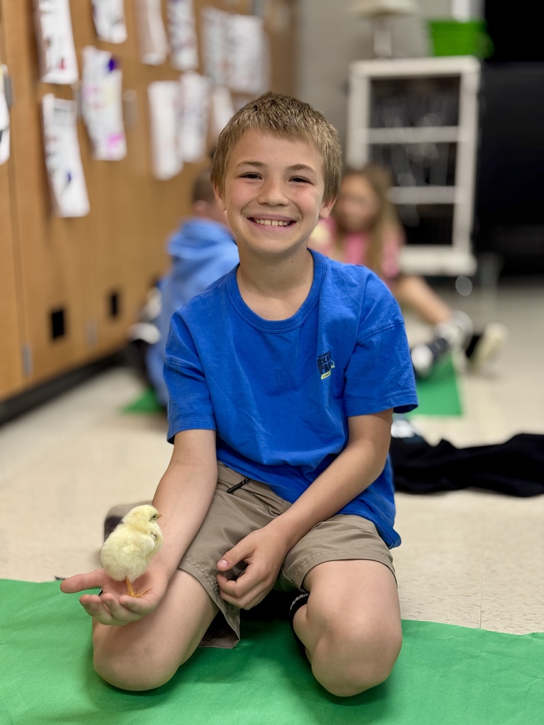 A young student sits on the floor holding a baby chick.