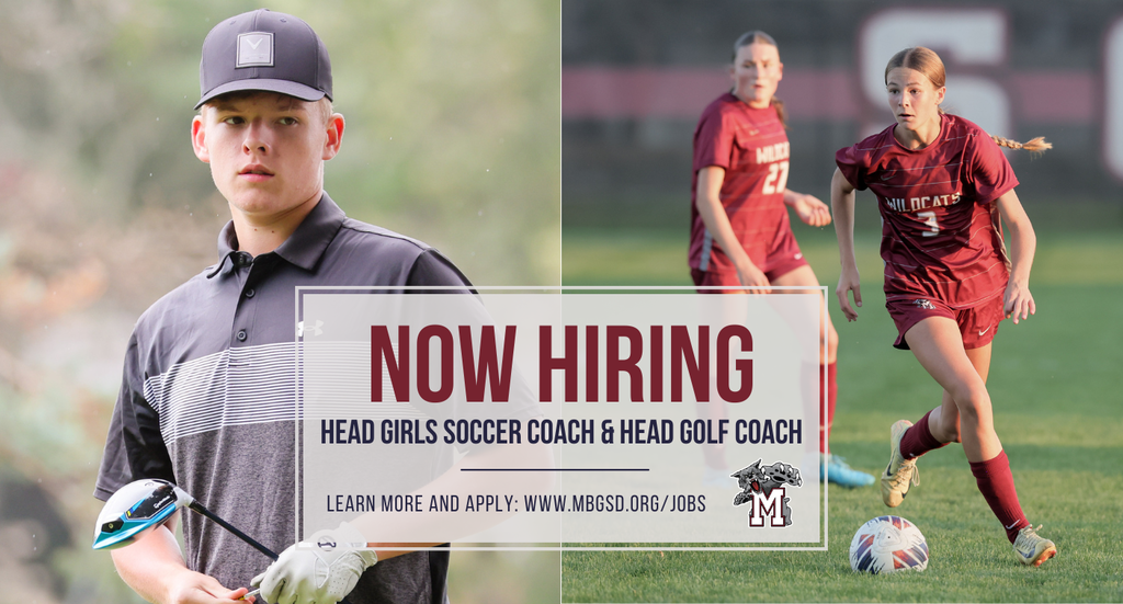 Graphic that says Now Hiring and includes a picture of a golfer and of two soccer players.