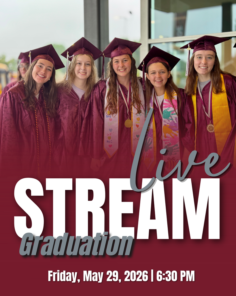 Graphic that includes smiling graduates in caps and gowns and the words "live stream Graduation Friday, May 29, 2026 at 6:30 p.m."
