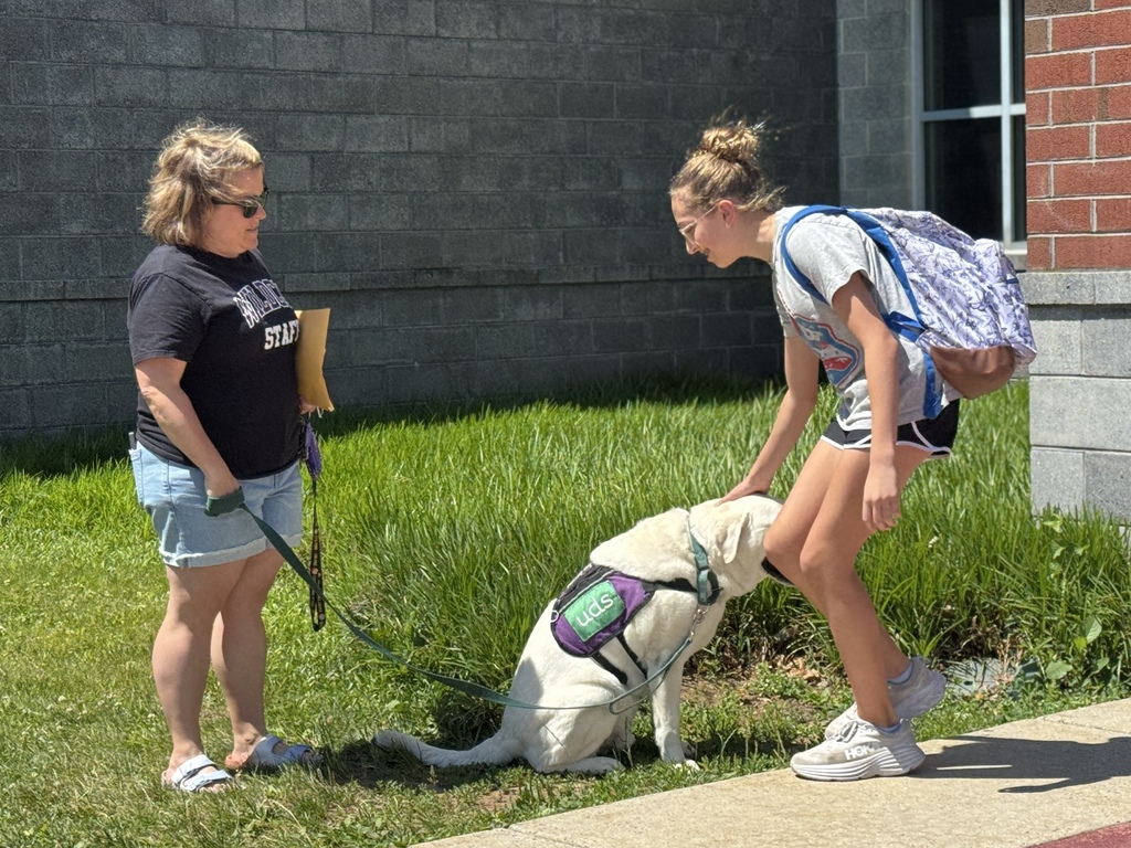 A student pets a white dog.