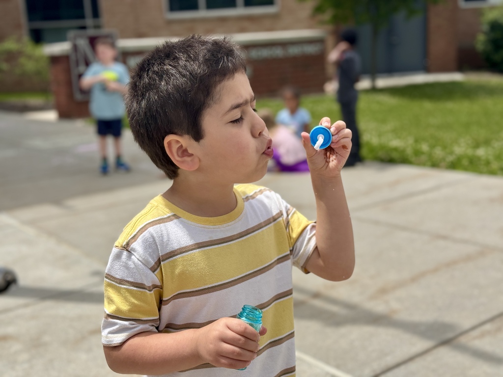A young boy blows bubbles.