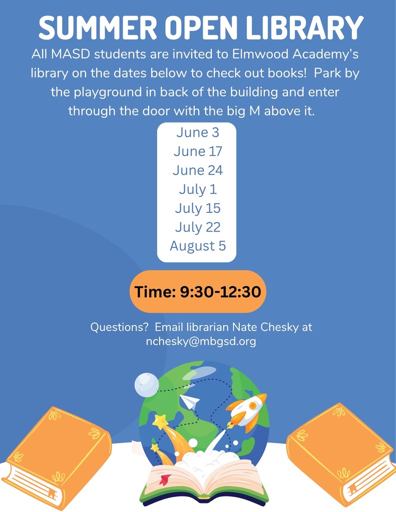Graphic that shows books and a globe, and advertises a Summer Open Library program for students.
