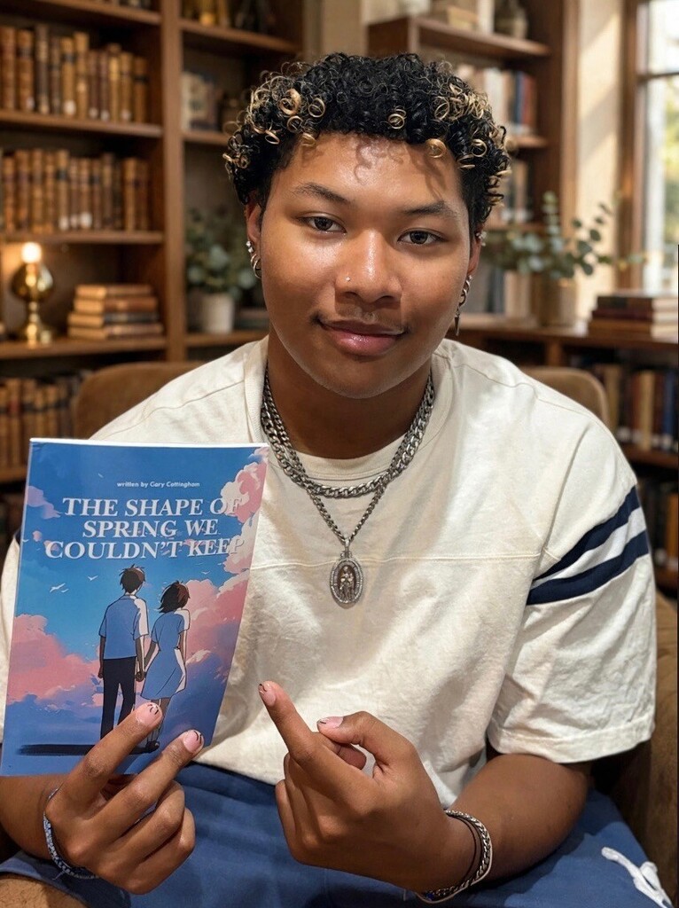 A student holding a copy of the book he published over the summer.