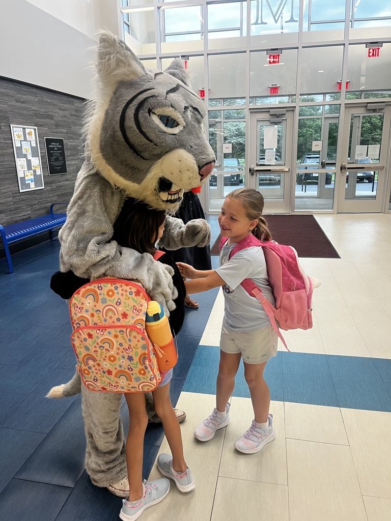 Wildcat mascot greeting students.