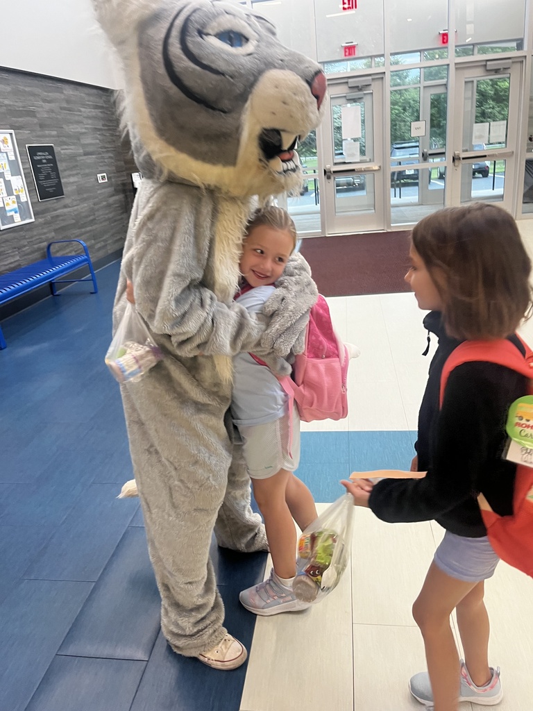 Wildcat mascot greeting students.