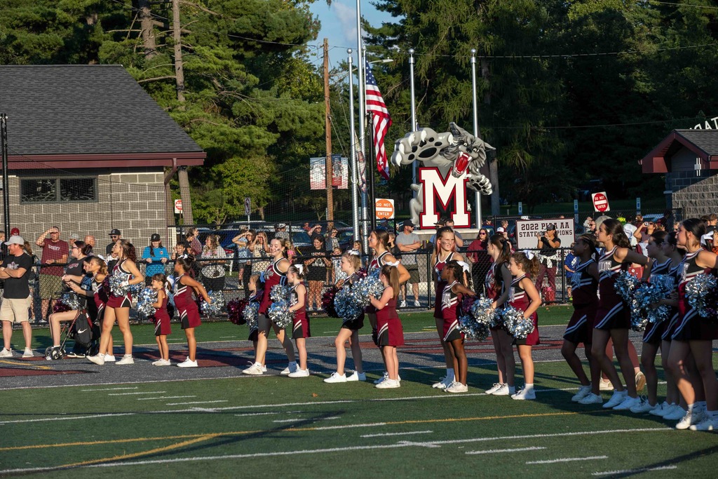 Cheerleaders stand on the sidelines of a game.