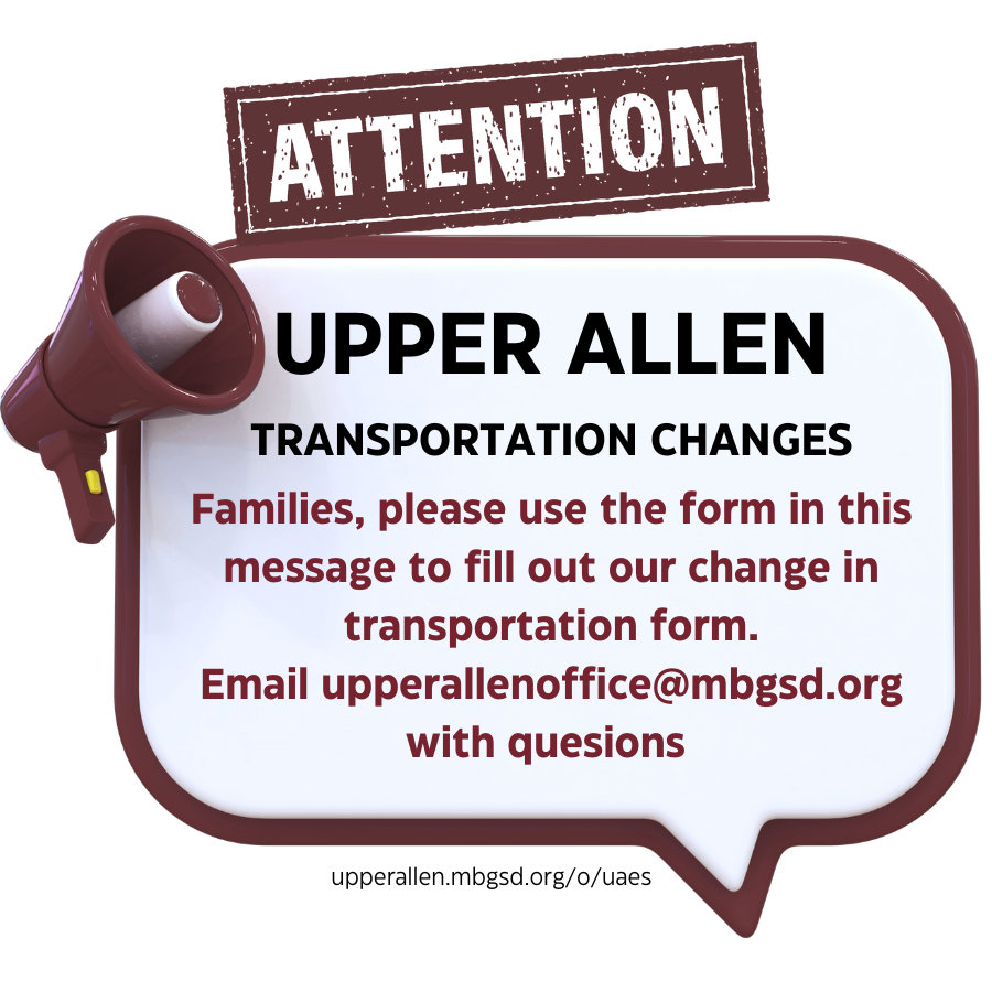 graphic of speech bubble with bullhorn stating the the transportation form is now on the website and school district app