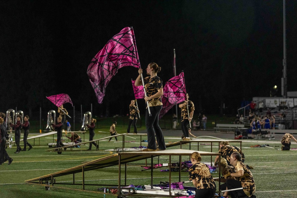 Color guard performs behind a marching band on a football field.