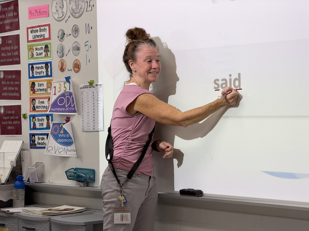 A teacher highlights the parts of a word on a whiteboard.