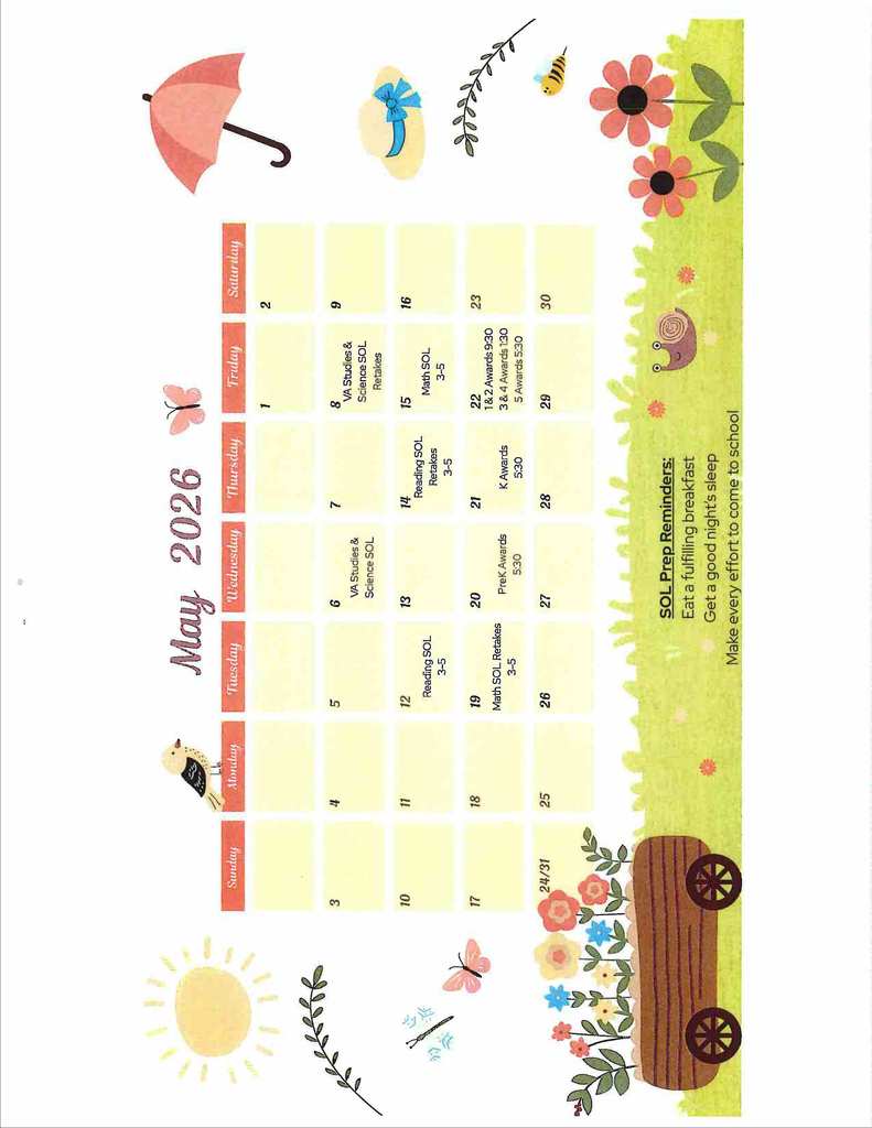 La Crosse Elementary School  SOL Testing dates