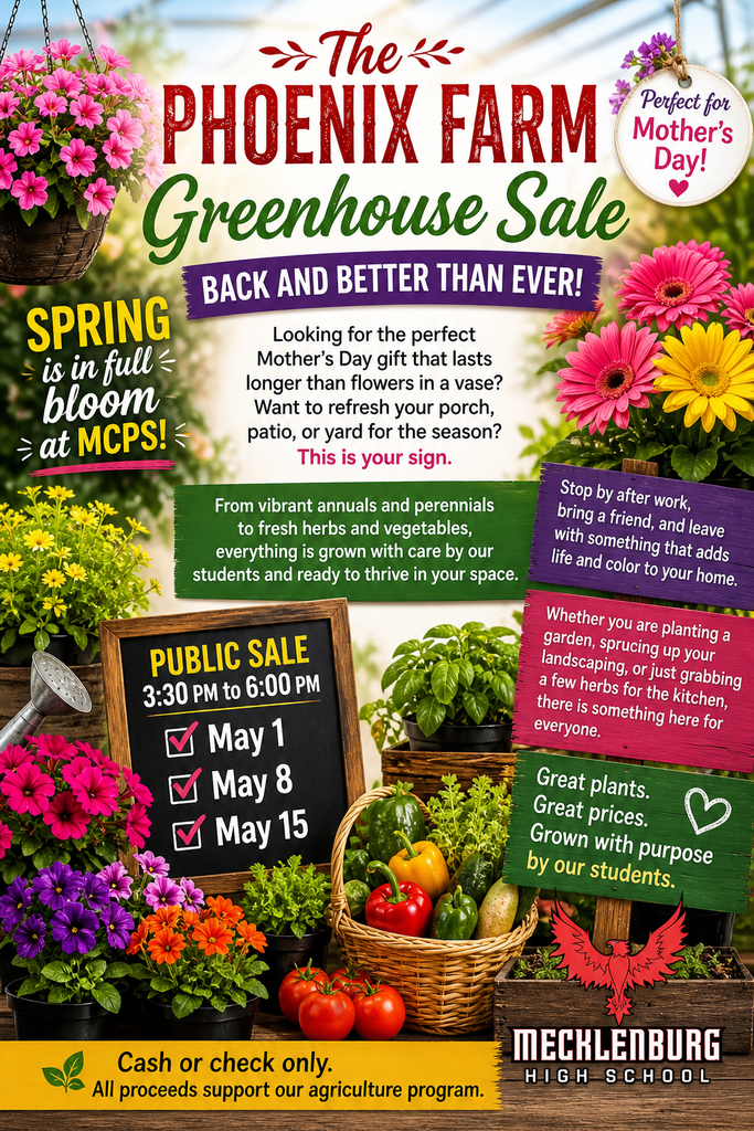A poster announces the Phoenix Farm Greenhouse Sale, featuring vibrant plants, vegetables, and flowers.