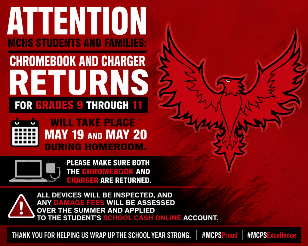 A red poster with a black eagle logo at top right informs students to return Chromebooks and chargers.