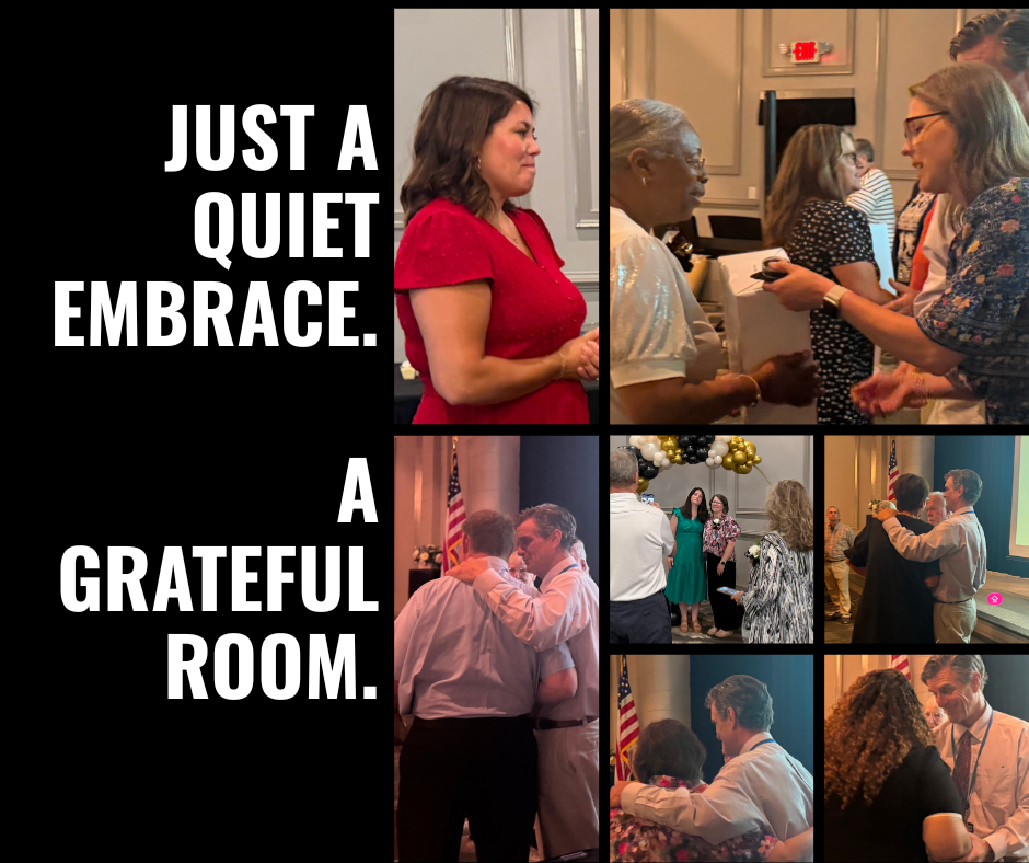 Collage of people in a room hugging, standing, and conversing. Text overlay reads "Just a quiet embrace. A grateful room."