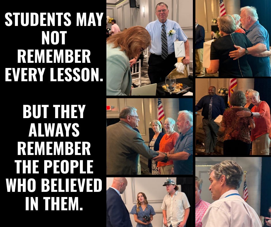 A collage of photos showing people in formal attire, some shaking hands, interacting, and standing near an American flag.