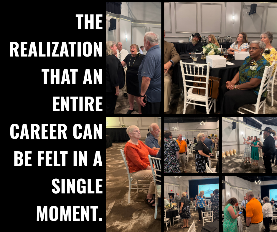 Collage of people in a room, seated and standing, some in conversation, with text overlay: "The realization that an entire career can be felt in a single moment."