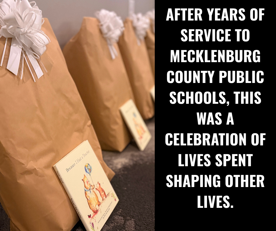 A row of brown paper bags, each tied with a white bow, next to books. Text overlays celebrate service to Mecklenburg County Public Schools.