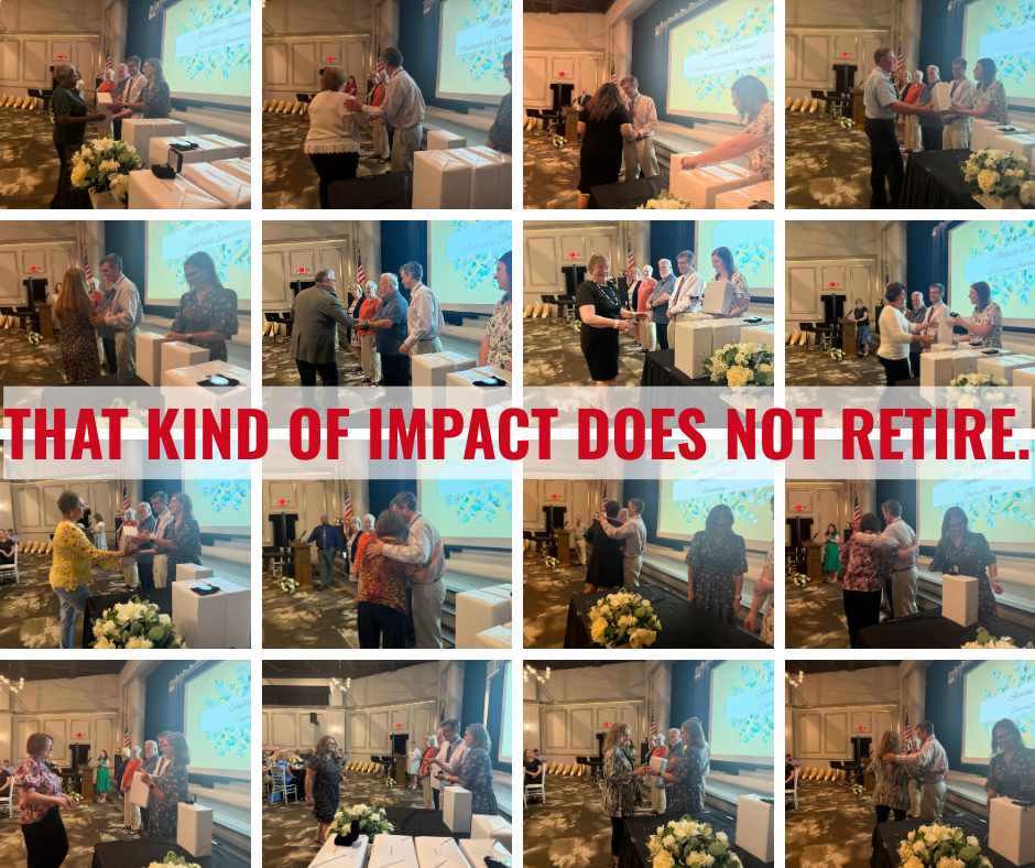 Collage of people in a meeting room, some standing, some shaking hands, with a projector screen in the background. Text reads, "That kind of impact does not retire."