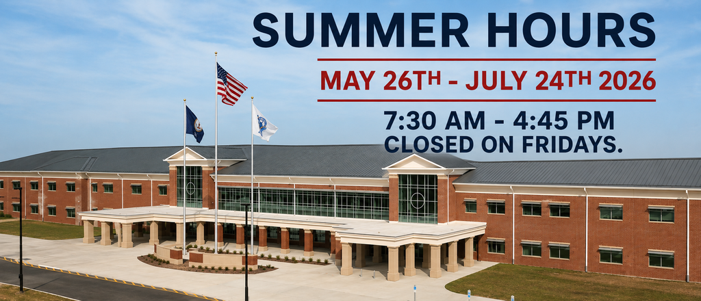 Summer hours listed above a photo of a building. Dates are from May 26th to July 24th 2026.