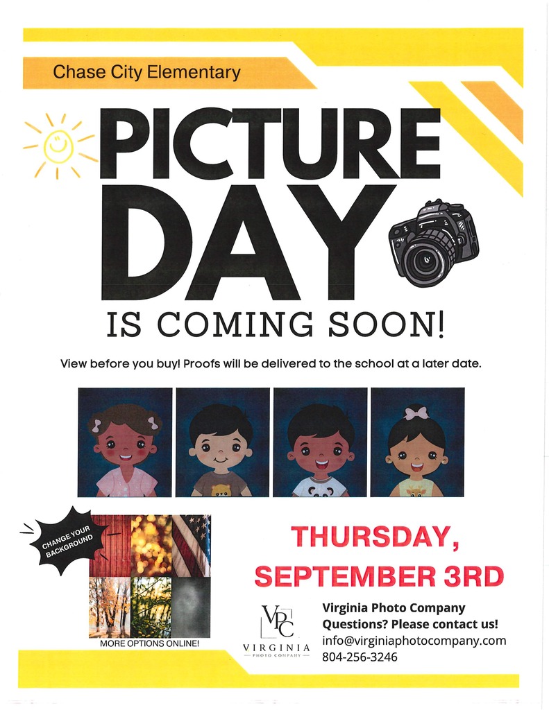 Picture Day announcement for Chase City Elementary. It features a sun, camera, and photos of children.