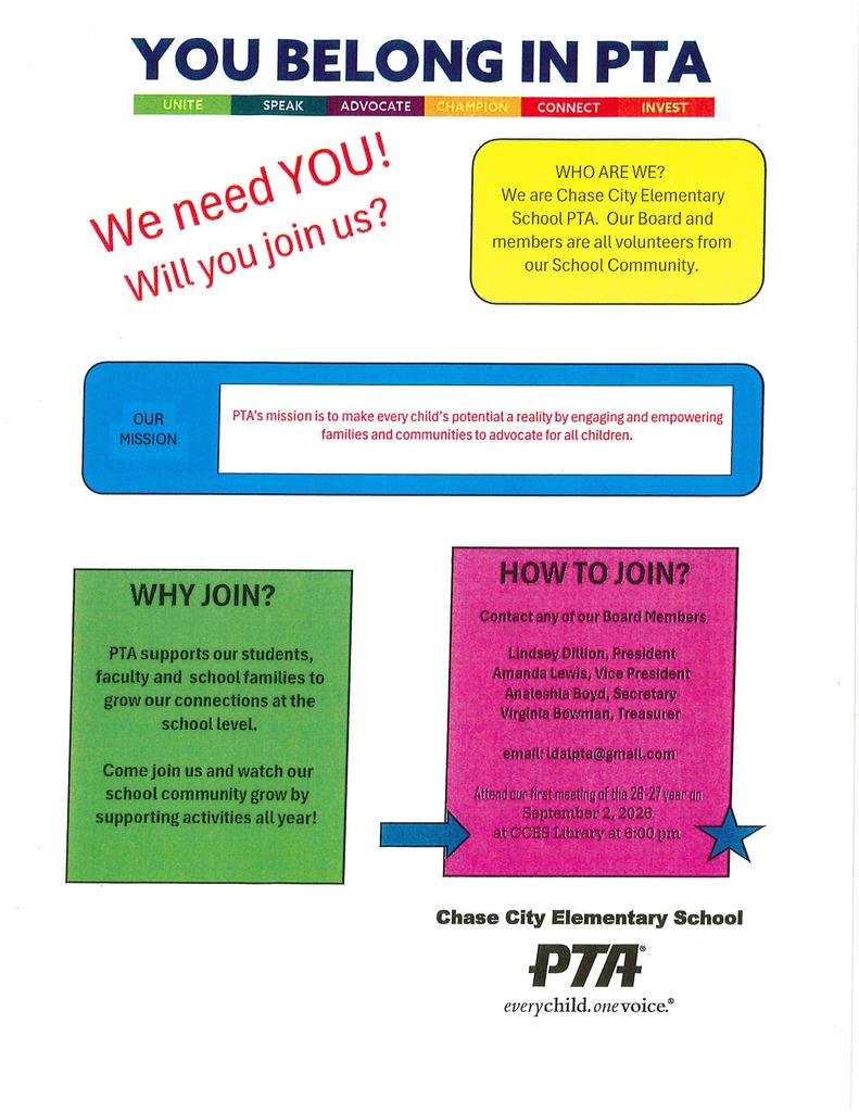 Flyer for PTA membership. It includes a mission statement, benefits of joining, and ways to connect.