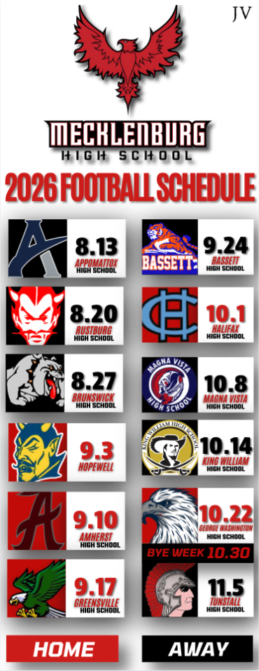 A football schedule for Mecklenburg High School in 2026, with logos for each team and dates.