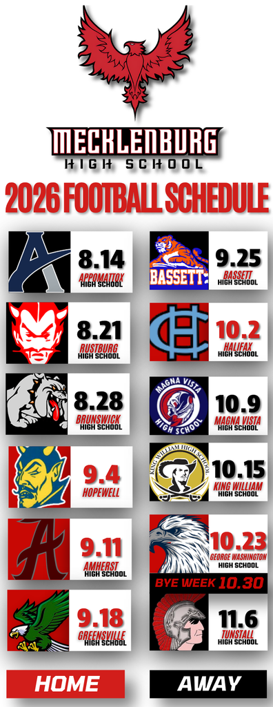 A schedule for Mecklenburg High School's 2026 football season shows matchups against various high schools on specific dates.