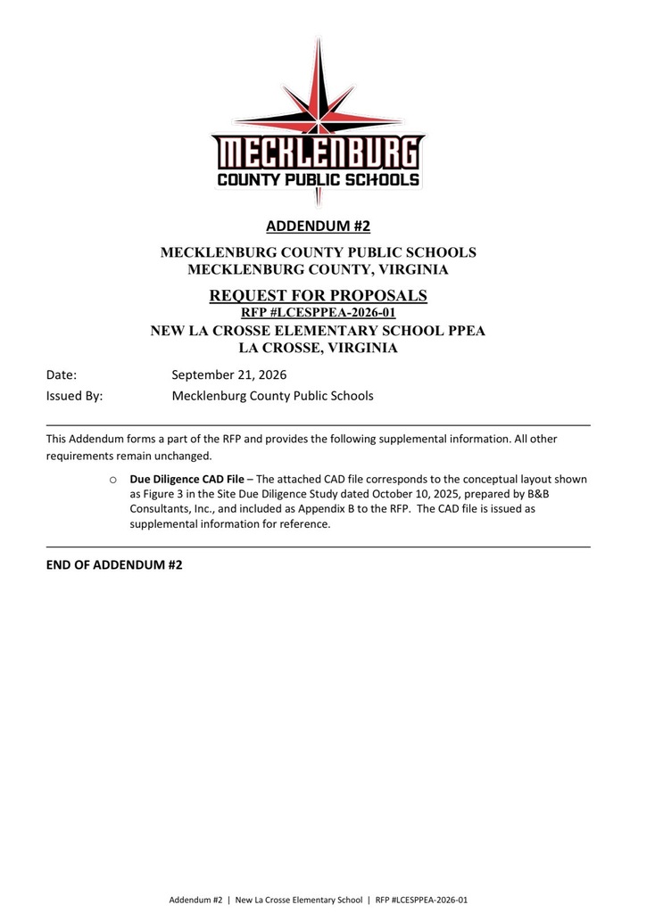 Document header reads "Mecklenberg County Public Schools". Text includes "ADDENDUM #2", "REQUEST FOR PROPOSALS", and "NEW LA CROSSE ELEMENTARY SCHOOL PPEA". Date: September 21, 2020.