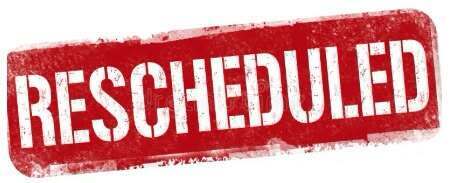 Red stamp with white text "RESCHEDULED" on a white background. Text and stamp appear slightly smudged.