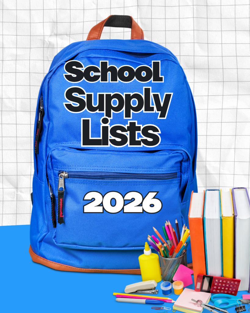  blue backpack with text school supply lists 2026