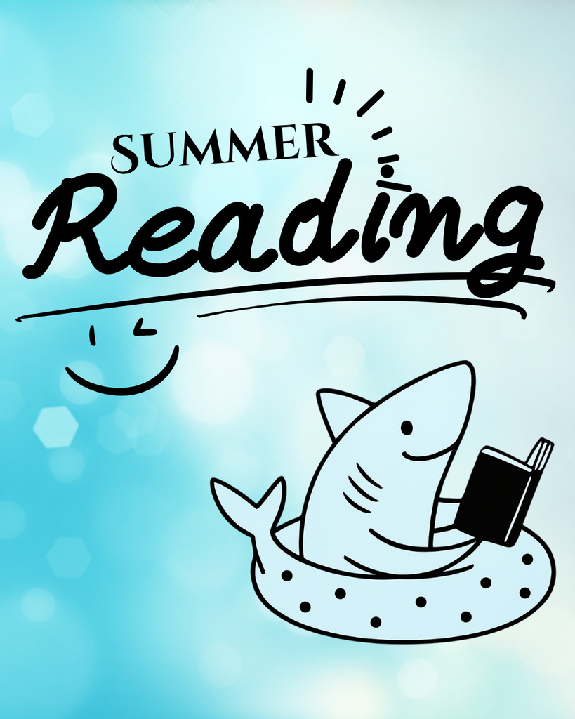 shark floating on a tube reading book