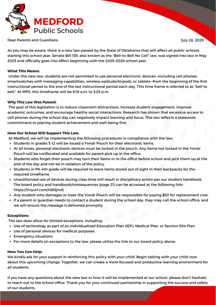 Medford Electronic Device Letter