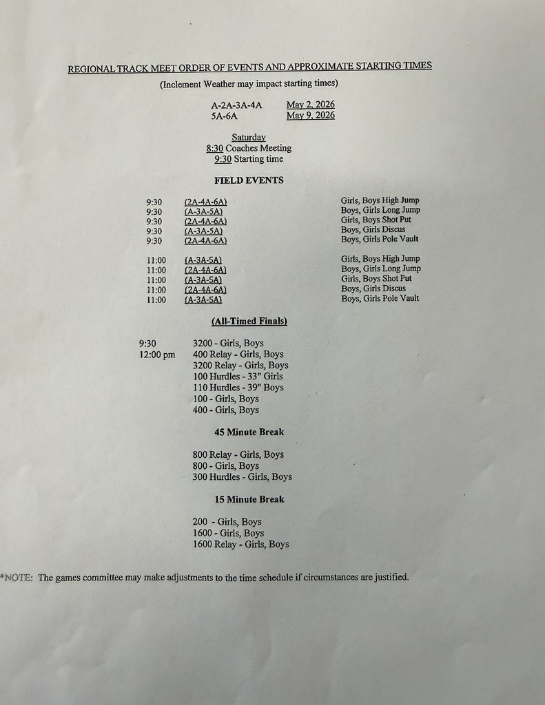 Regional Track Schedule