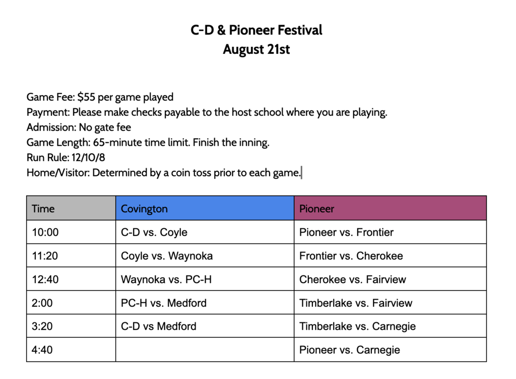Covington/Pioneer Festival Friday, Aug. 21st